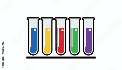 Row of laboratory test tubes with colorful solutions isolated on white background flat vector concept of medical analysis