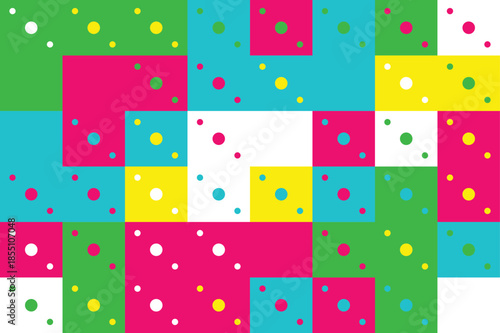 Vibrant colorful geometric pattern with squares and polka dots