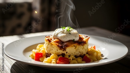 Steaming Hot Cheesy Casserole with Pasta and Herbs on a Plate