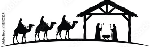 Nativity scene silhouette illustration with three wise men camels manger black white vector isolated Christian Christmas story design