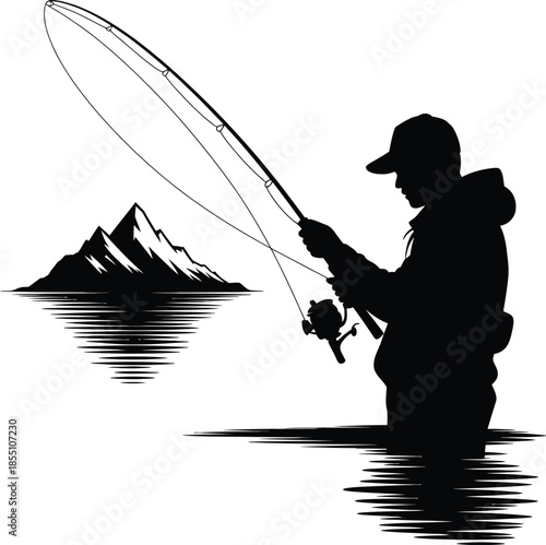 Fisherman Wading Near Mountain Peak