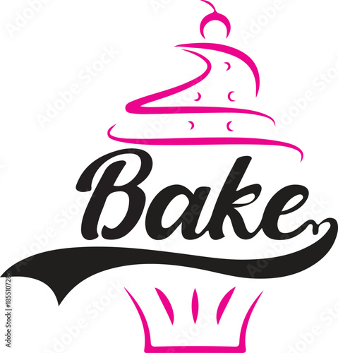 Elegant pink and black 'bake' script logo with cupcake silhouette and cherry top