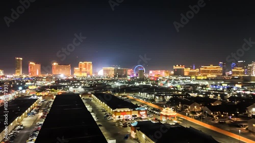 Aerial video clip of the Las Vegas skyline at night, panning right to left