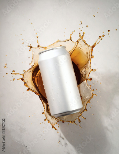 Blank Energy Drink Can with Splash on Concrete Background