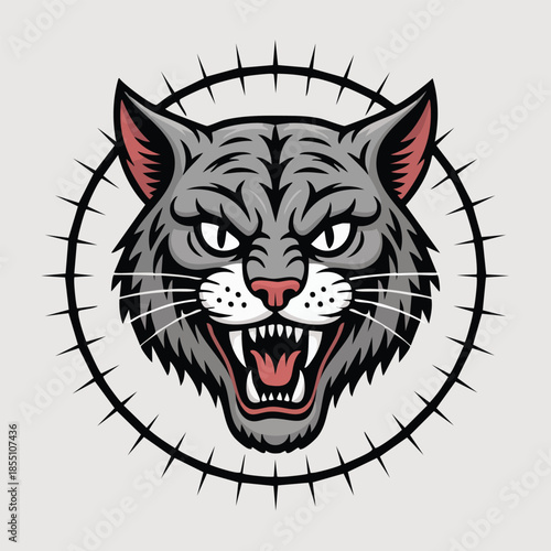 Aggressive snarling gray cat head illustration with spiked ring.