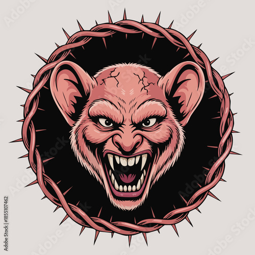 Angry Ape Head Surrounded by Barbed Wire Circle.