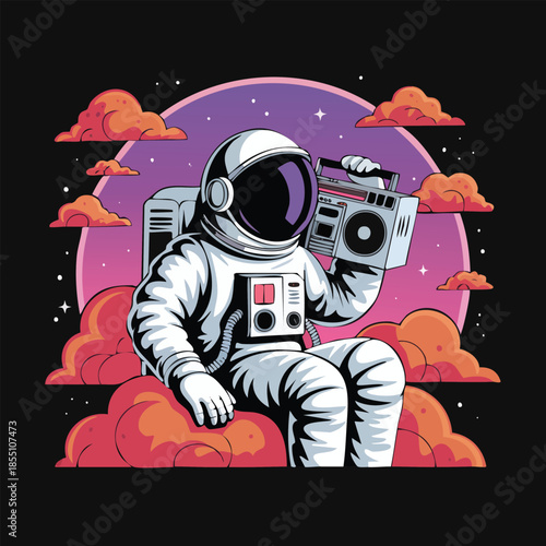 Astronaut in Space Suit Holding a Retro Boombox.
