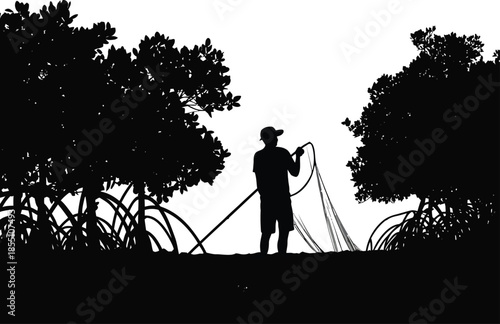Fisherman Casting Line In Mangroves
