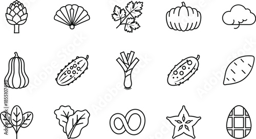 Set of 15 minimalist vegetable and fruit line icons, featuring artichoke, pumpkin, cucumber, leek, spinach, starfruit, and organic farm produce symbols, on white.