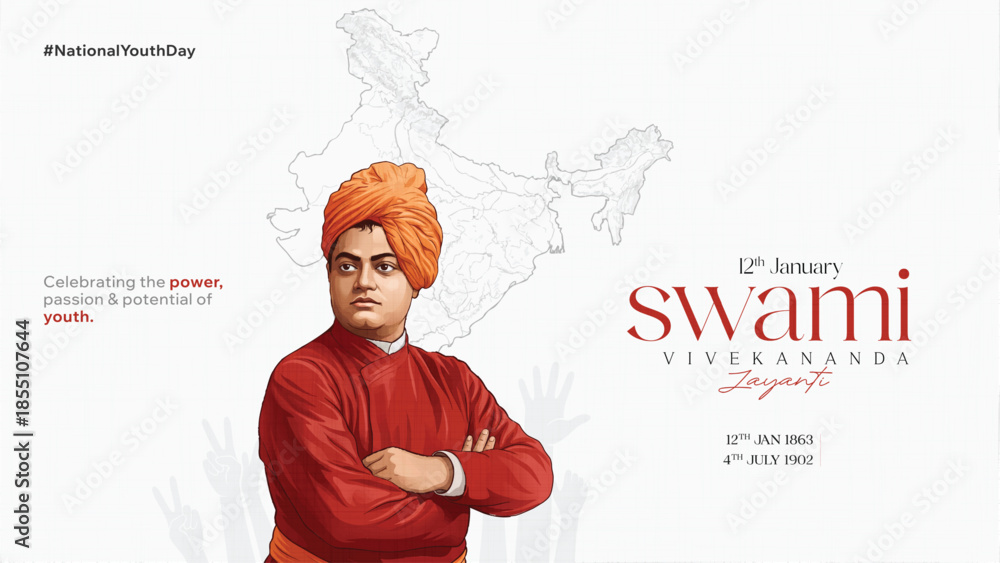 Fototapeta premium Swami Vivekananda Jayanti National Youth Day Inspirational Tribute Design on 12 January for Social Media Post, Web Banner, Poster, and Print