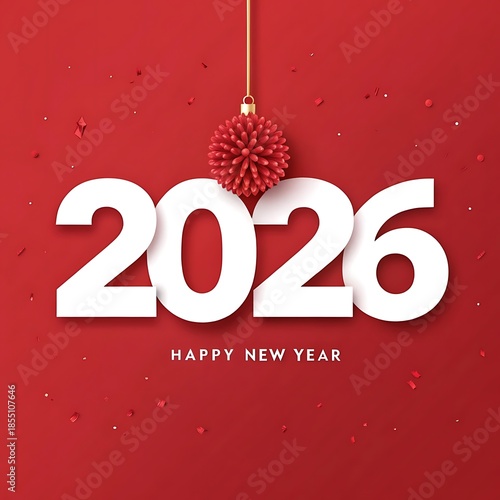 Happy New Year 2026 with red ornament and falling confetti
