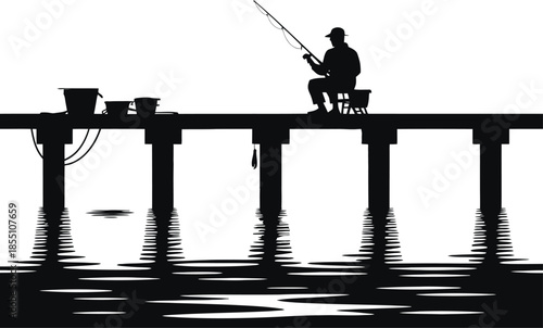 Fisherman Angling From Wooden Pier