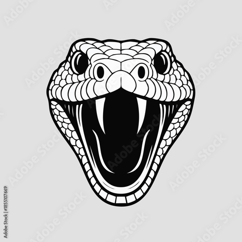 Close up illustration of a coiled fierce snake head on display.