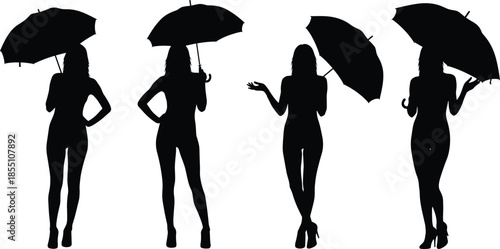 Elegant women silhouettes holding umbrellas vector illustration female poses fashion style isolated on white background for rain weather lifestyle design