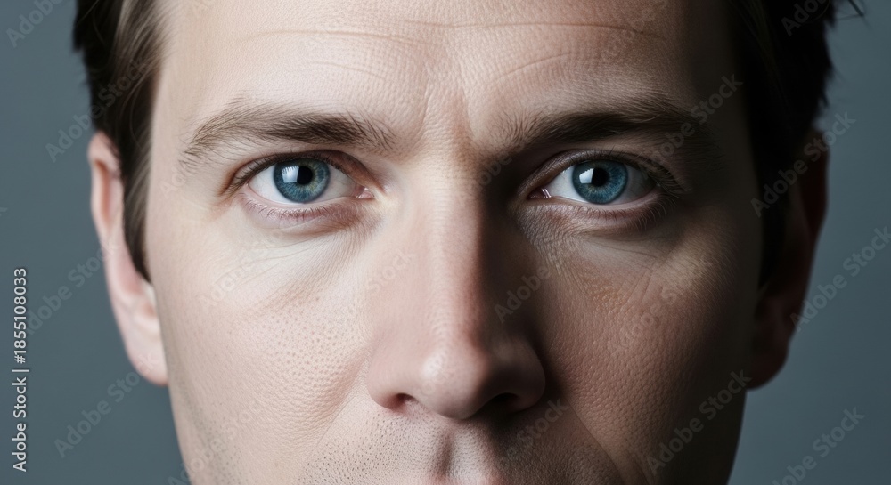 Obraz premium Macro Headshot Detail of a Mature Male with Deep Blue Eyes Showing a Serious and Focused Facial Expression