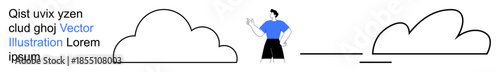 Storytelling, creativity, graphic design, communication, ideas, minimal art. Male figure in a blue shirt between simplified cloud shapes and abstract lines. Storytelling and creativity theme