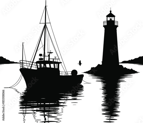 Fishing Boat Near Tall Lighthouse