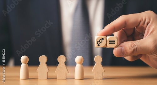 Businessman Aligning Gender Equality Icon with Wooden Peg Figures for Corporate Diversity and Inclusive Hiring Concept