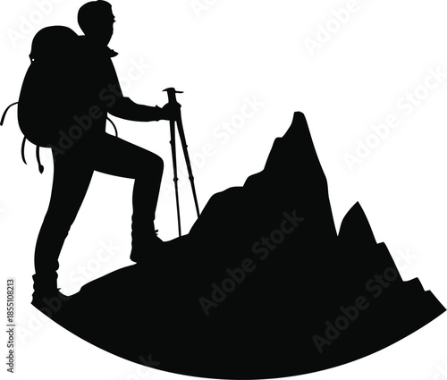 Hiker With Backpack Climbing Mountain