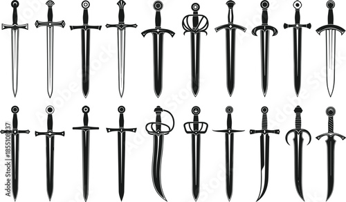 Medieval sword silhouettes collection featuring ancient daggers rapiers sabers fantasy weapons isolated black vector illustration set for historical design projects