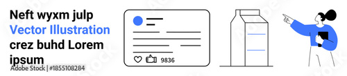 Social media, digital marketing, product design, content creation, business presentation, educational graphics. Social media card, milk carton and individual pointing. Social media and digital