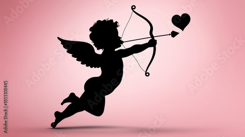 Cherubic figure shooting heart with bow and arrow, romantic symbol, love icon, decorative illustration, mythological character design, with copy space