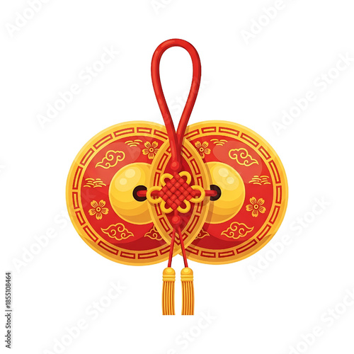 Vibrant traditional Chinese good luck charm featuring auspicious gold coins and intricate mystic knot, symbolizing prosperity and good fortune in Asian culture and traditions
