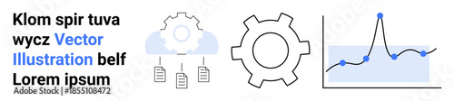 Gear mechanism beside cloud with files and line graph indicating performance trends. Ideal for technology, data management, cloud storage, analytics, business growth, research, simple landing page