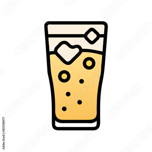 Refreshing glass of ginger beer illustration with ice cubes and visible carbonation. This bright beverage icon features inviting bubbles, representing delicious glass of ginger beer.