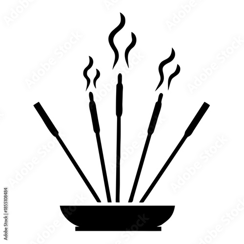 Black silhouette shows incense sticks burning in a bowl, with rising smoke. Five aroma sticks create peaceful atmosphere, meditation aromatherapy.