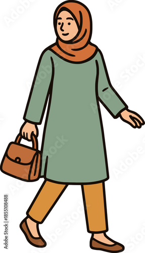 Hijab fashion vector with bold outline, modest outfit, clean contours, colored, isolated.