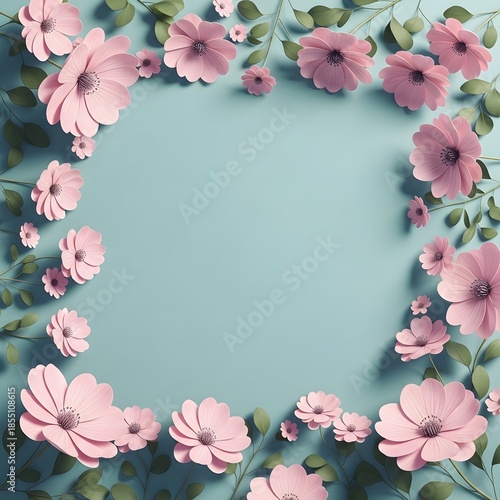 Soft pink flowers and green leaves creating a floral frame Keywords: pink flowers, floral frame