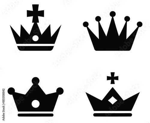 Black royal crown icons set vector graphic.  Crown icons set isolated on white
