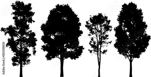 Set of four detailed black tree silhouettes featuring various leaf densities and branching patterns for architectural visualization and landscape design.