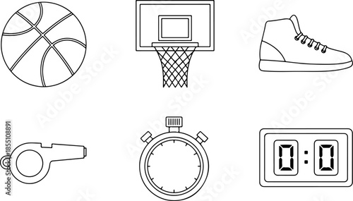 Comprehensive collection of minimalist thin line basketball sports icons featuring a ball, hoop with net, high-top sneaker, referee whistle, stopwatch, and digital scoreboard.