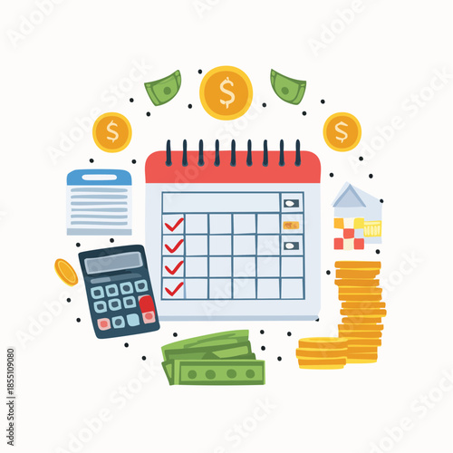 Financial planning and budgeting with calculator and calendar surrounded by money symbols on a clean background