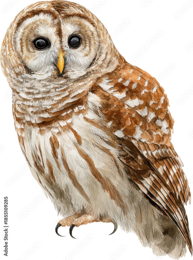 Naklejka premium Beautiful barred owl with stunning feathers and sharp talons isolated on transparent background