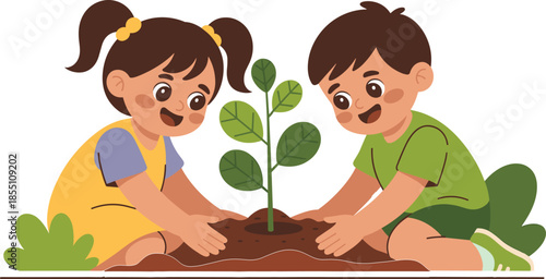 Cartoon children planting greenery, teamwork in nature, environmental care clipart, soil and leaves, eco-friendly design, sustainability education