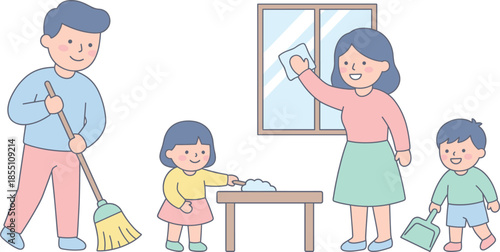 Cartoon family cleaning together, teamwork, sweeping, wiping, dustpan, window cleaning, household chores, indoor scene, cheerful cooperation, hygiene