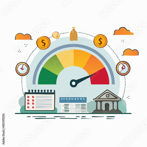 Financial growth illustration with gauge measuring success and progress