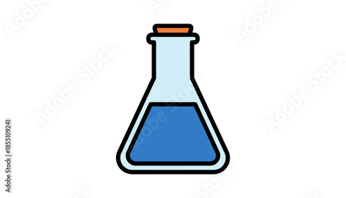 Erlenmeyer laboratory flask with blue liquid isolated on white background flat vector illustration concept of chemical research