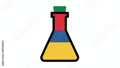 Colorful erlenmeyer laboratory flask with layered liquids isolated on white background flat illustration concept of chemistry
