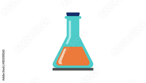 Modern erlenmeyer laboratory flask with orange solution isolated on white background flat design concept of laboratory testing