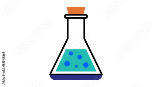 Erlenmeyer flask with bubbling solution isolated on white background flat design concept of scientific experiment