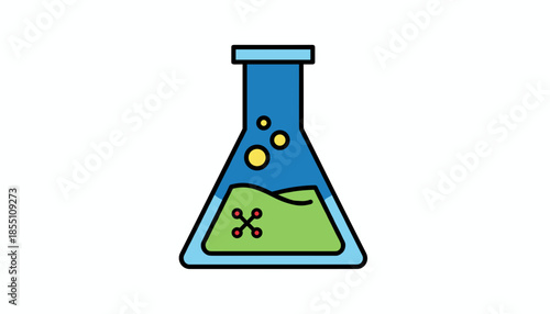 Erlenmeyer laboratory flask with green solution and molecular symbol isolated on white background flat vector concept of chemical research