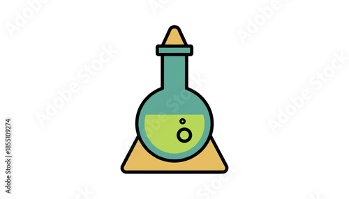 Round bottom laboratory flask with light green liquid isolated on white background flat illustration concept of scientific experiment