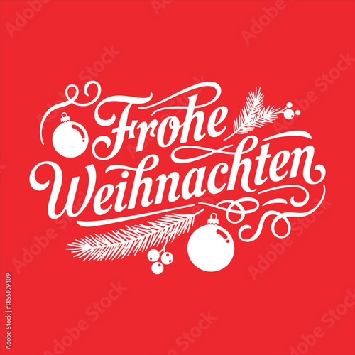 Frohe Weihnachten – Elegante weiße Kalligrafie auf rotem Hintergrund