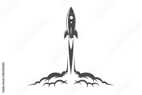 Rocketship soars skyward, leaving clouds behind, in a monochrome vintage scene