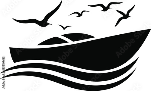 Speedboat With Flying Seagulls Silhouette