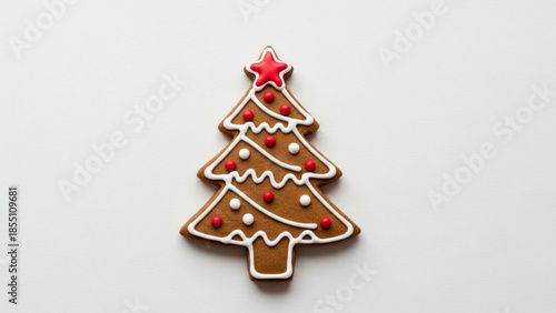 Decorated gingerbread christmas tree cookie with white icing and red star on top, sweet festive holiday treat on plain background